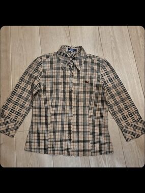 Burberry Long Sleeve Plaid Button-Down Shirt in Beige and Black